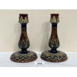 A pair of Victorian Doulton Lambeth stoneware candlesticks. c.1891. 7¼' high