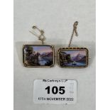 Two Victorian gold brooches, each painted in enamels with a landscape