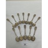 A set of twelve Victorian silver fiddle pattern teaspoons. James and Josiah Williams. Exeter 1863.