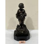 A 19th century bronze figure, finely cast as a boy carrying fish in his robe raised on a socle