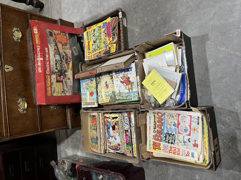 A collection of vintage comics; children's books; ephemera and a train set