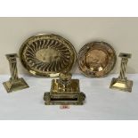 An Edwardian brass inkstand, an oval tray; a letterbox; an Arts and Crafts dish and a pair of late