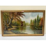 E.TURNER. BRITISH 20TH CENTURY A wooded lake scene. Signed. Oil on board. 16' x 28'