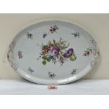 A Dresden oval tray, brightly painted with sprays of Summer flowers. Inscribed to base A.M.B.Hill.