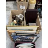 Three boxes of ceramics, sundries and framed prints