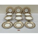 Six Royal Chelsea Midas pattern soup bowls with saucers