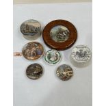 A collection of five Pratt ware pot lids (one with a jar) ' I see You My Boy'; 'Alas! Poor Bruin' (