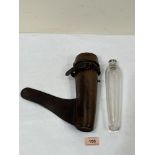 A leather hunting flask case with glass flask, the case and flask associated and ill-fitting