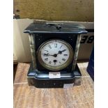 A French slate and marble cased mantle timepiece with brass drum movement. 8' high