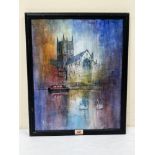 CONTEMPORY SCHOOL Worcester Cathedral from the River Severn. Indistinctly signed. Mixed media on