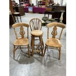 A pair of elm seated kitchen chairs; a stickback chair and a pine stool (4)