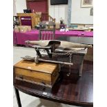 A pine box stool; a small oak chest; a folding childs chair; an animal yoke and a carved wood toy