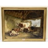 ENGLISH SCHOOL. 19TH CENTURY A barn interior with cattle and rooster. Oil on canvas 18' x 24'