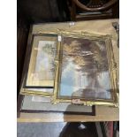 A watercolour seascape, a print after Birket Foster, an oil lake scene and another watercolour