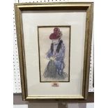 A framed and mounted print of a lady in a red hat. 11' x 6'