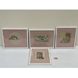 Four small needlework pictures, framed and mounted