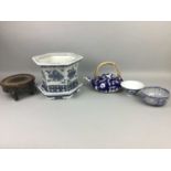 A CHINESE BLUE AND WHITE PLANTER AND STAND, ALONG WITH A TEAPOT AND TWO BOWLS