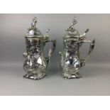 A PAIR OF CONTINENTAL SILVER PLATED TANKARDS