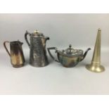 A VICTORIAN SILVER PLATED HOT WATER POT AND OTHER SILVER PLATED ITEMS