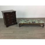 A MAHOGANY SERPENTINE BEDSIDE CHEST, ALONG WITH A HEARTH STOOL