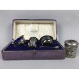 A SILVER PLATED CONDIMENT SET IN FITTED CASE AND OTHER PLATED WARE