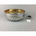 A SILVER PLATED SERVING BOWL AND A NAPKIN RING