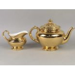 A ROYAL WORCESTER GILT TEA POT, SUGAR AND CREAM AND OTHER CERAMICS