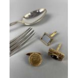 A LOT OF VARIOUS GENT'S CUFFLINKS, SILVER PLATED FLATWARE AND BINOCULARS