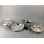 A COLLECTION OF SILVER PLATE INCLUDING TONGS, ENTREE DISH AND A SUGAR BOWL