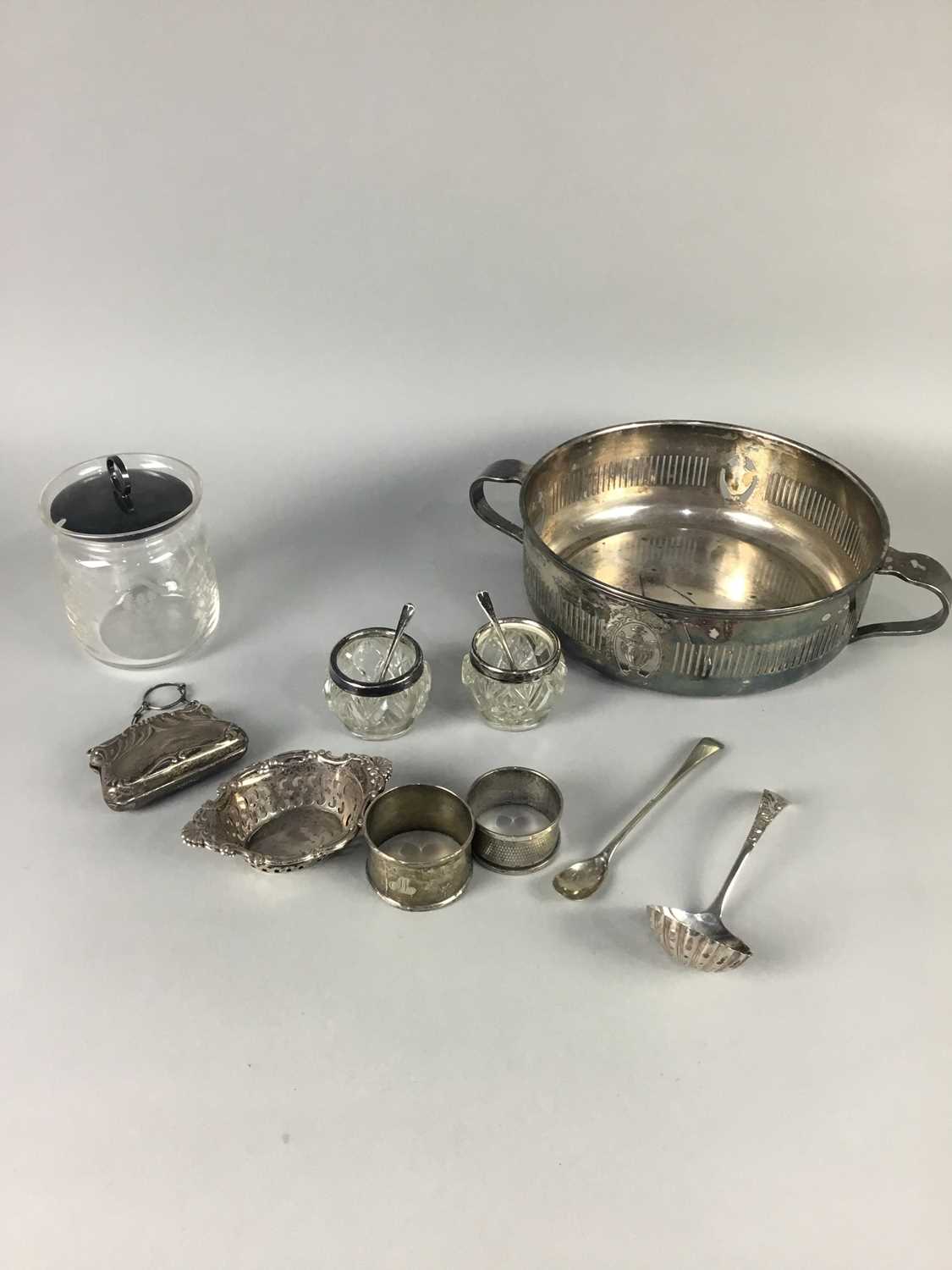 A PAIR OF SILVER COLLARED MUSTARD POTS AND SPOONS AND OTHER ITEMS - Image 2 of 2