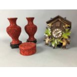 A PAIR OF CHINESE CINNIBAR LACQUER VASES AND OTHER ITEMS