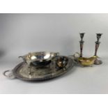 A SILVER PLATED OVAL TEA TRAY AND OTHER ITEMS