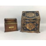 A GILDED AND PAINTED STATIONERY BOX AND A LETTER RACK