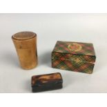 A MAUCHLINE 'VICTORIA' TARTANWARE BOX, ANOTHER MAUCHLINE BOX AND A SNUFF BOX