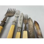 A LOT OF TWO SETS OF FISH KNIVES AND FORKS AND OTHERS