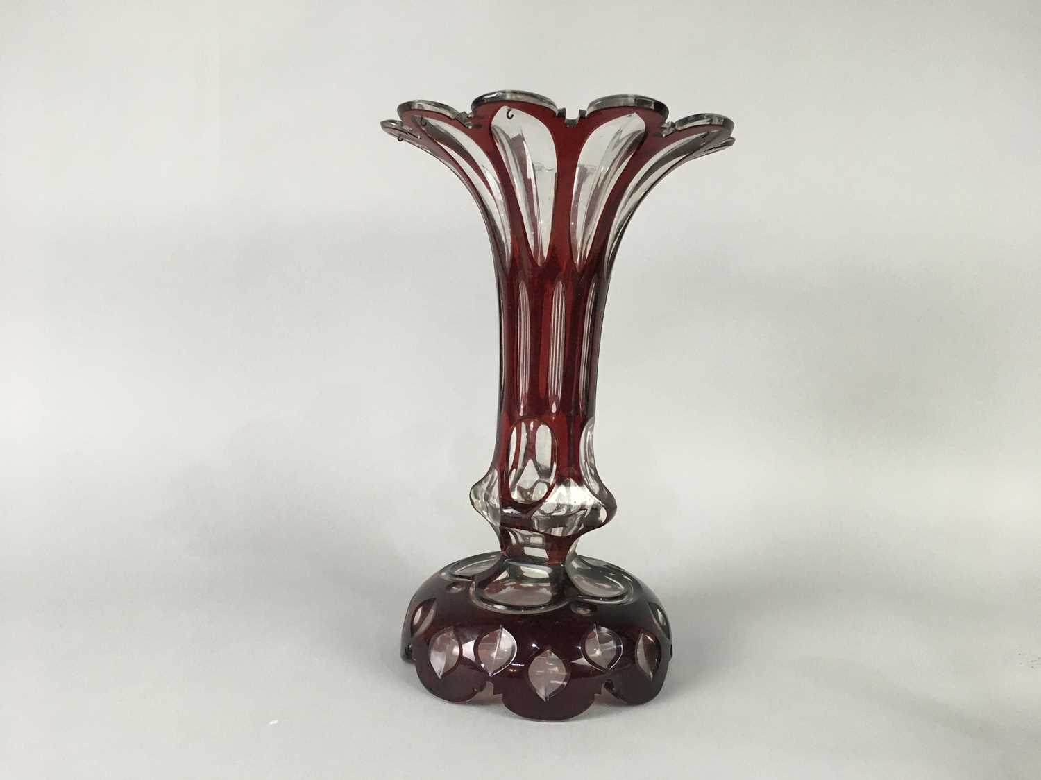 A RUBY AND CLEAR GLASS CANDLE LUSTRE AND OTHER CRYSTAL AND GLASS WARE