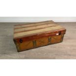 A VINTAGE WOOD, LEATHER AND CANVAS TRUNK