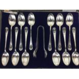 A CASED SET OF TWELVE SILVER PLATED TEASPOONS AND SUGAR TONGS ALONG WITH OTHER PLATE