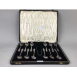 A SET OF TWELVE SILVER TEASPOONS AND TONGS ALONG WITH OTHER SILVER AND PLATE