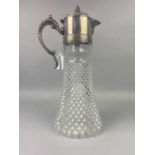 A CRYSTAL AND PLATED CLARET JUG AND OTHER PLATED WARE