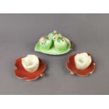 A PAIR OF LEAF SHAPED CARLTON WARE CANDLE HOLDERS AND OTHER CERAMICS