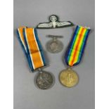 A GROUP OF WWI CAMPAIGN MEDALS, ALSO BADGES AND COINS