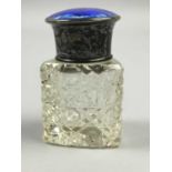 A SILVER GUILLOCHE ENAMEL AND CUT GLASS SCENT BOTTLE AND OTHER OBJECTS