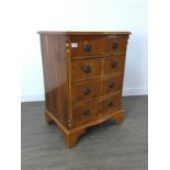 A REPRODUCTION YEW WOOD SERPENTINE FRONTED CHEST AND A PINE CHEST OF DRAWERS