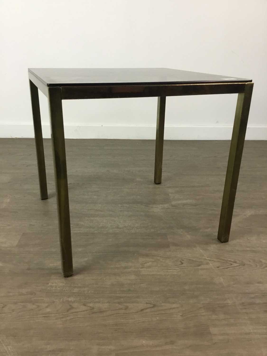 A GLASS TOPPED OCCASIONAL TABLE AND A PINE OCCASIONAL TABLE