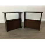 A PAIR OF MAHOGANY MAGAZINE RACKS AND AN OCCASIONAL TABLE