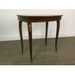 A MARQUETRY INLAID SEWING TABLE ALONG WITH A THREE DRAWER SIDE TABLE AND ANOTHER TABLE