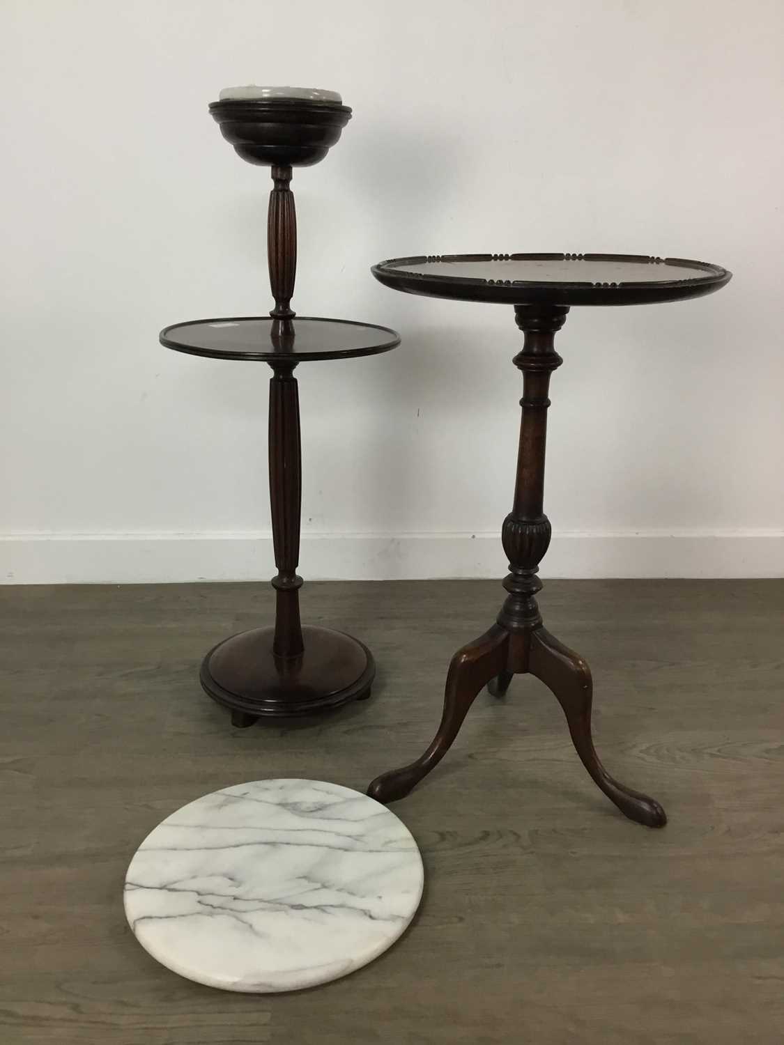 A NEST OF THREE BURR WALNUT VENEER TABLES, MAHOGANY SIDE TABLE AND A PLANT STAND - Image 3 of 3