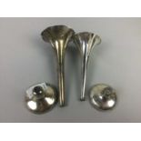 A PAIR OF SILVER SPILL VASES AND OTHER SILVER ITEMS