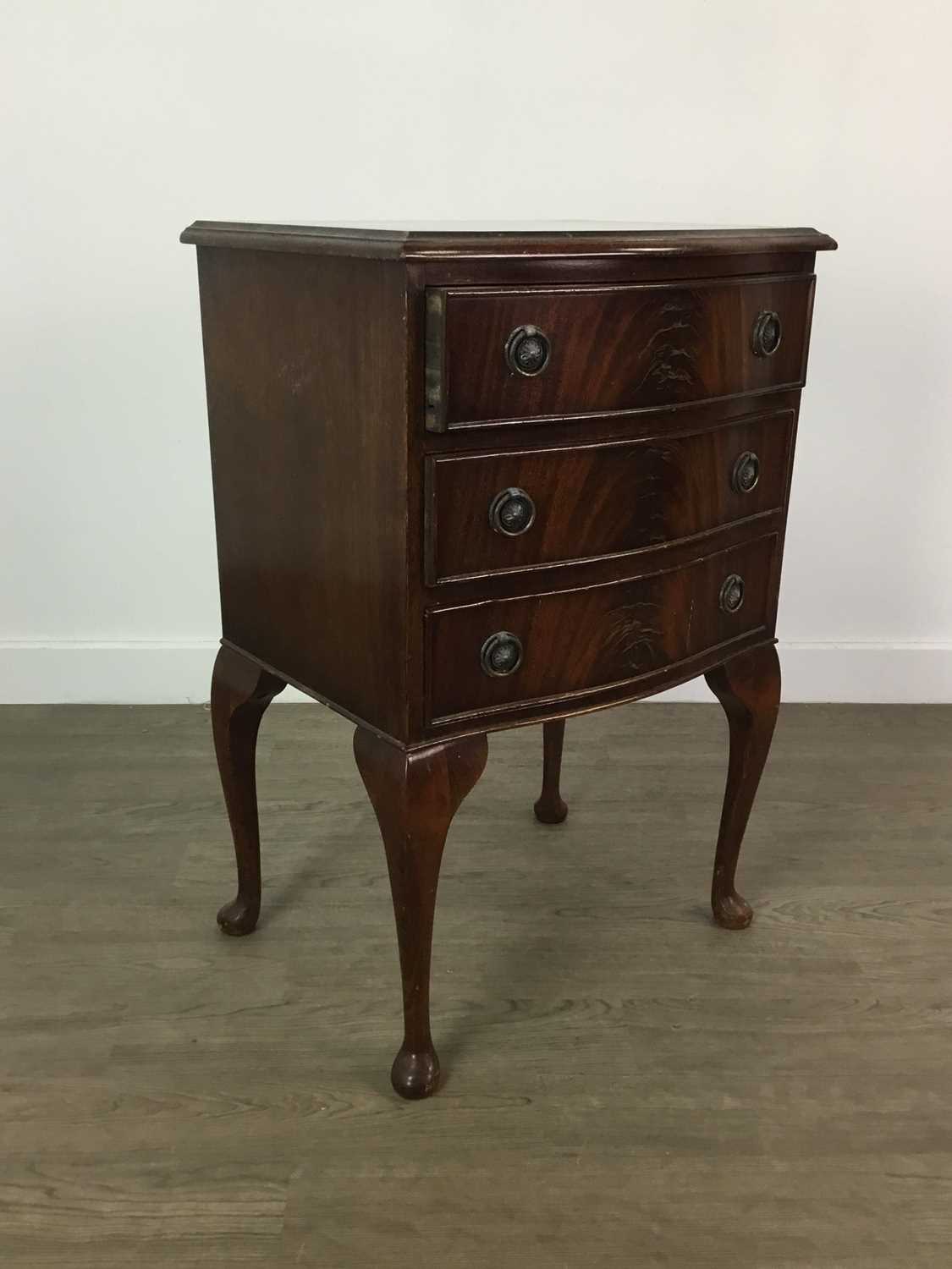 A MARQUETRY INLAID SEWING TABLE ALONG WITH A THREE DRAWER SIDE TABLE AND ANOTHER TABLE - Image 3 of 4